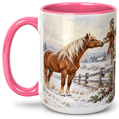 #pl[15oz|Pink] Christmas Horse Accent Ceramic Mug, Rustic Cross Winter Scene