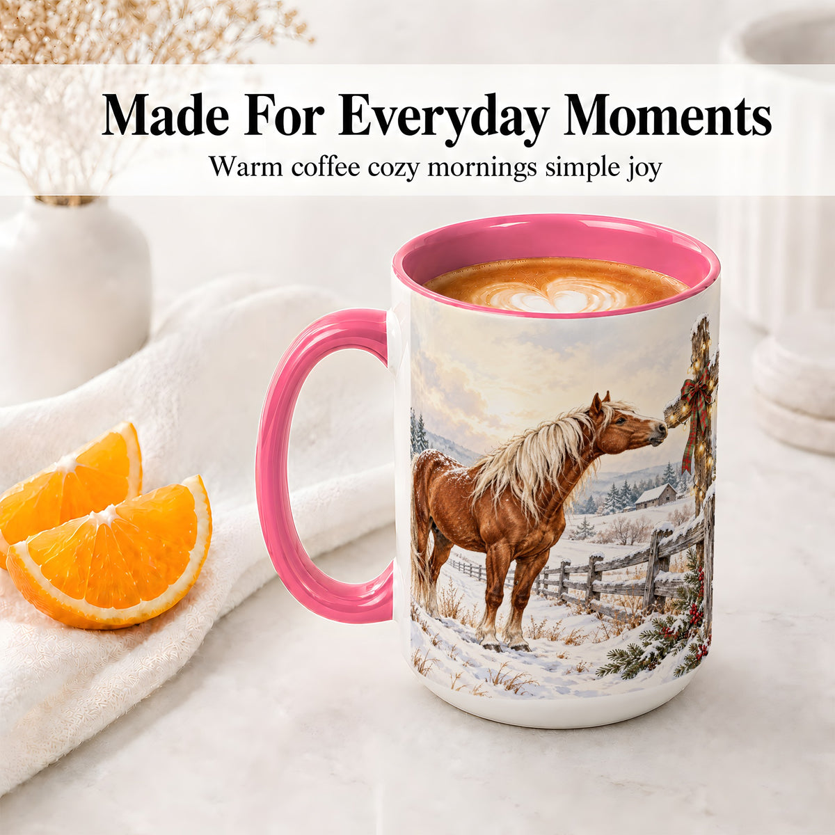 #pl[15oz|Pink] Christmas Horse Accent Ceramic Mug, Rustic Cross Winter Scene