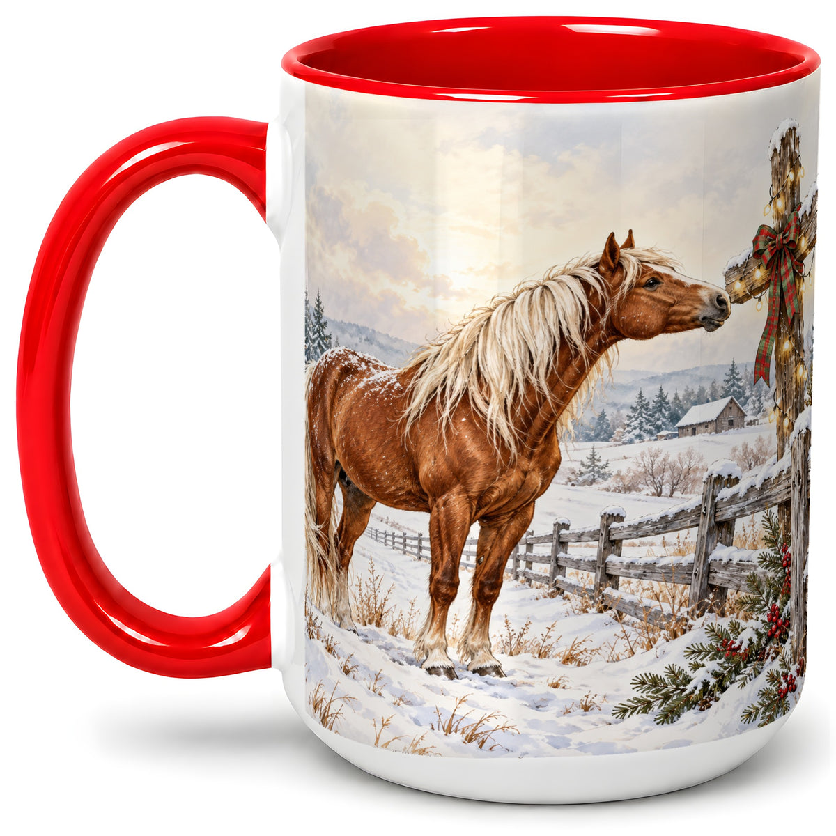 #pl[15oz|Red] Christmas Horse Accent Ceramic Mug, Rustic Cross Winter Scene