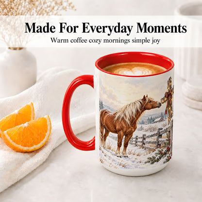 #pl[15oz|Red] Christmas Horse Accent Ceramic Mug, Rustic Cross Winter Scene
