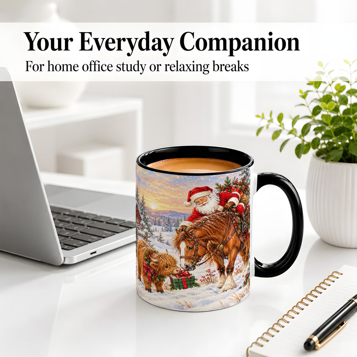 #pl[11oz|Black] Santa Horse Accent Ceramic Mug, Highland Cow Winter Scene