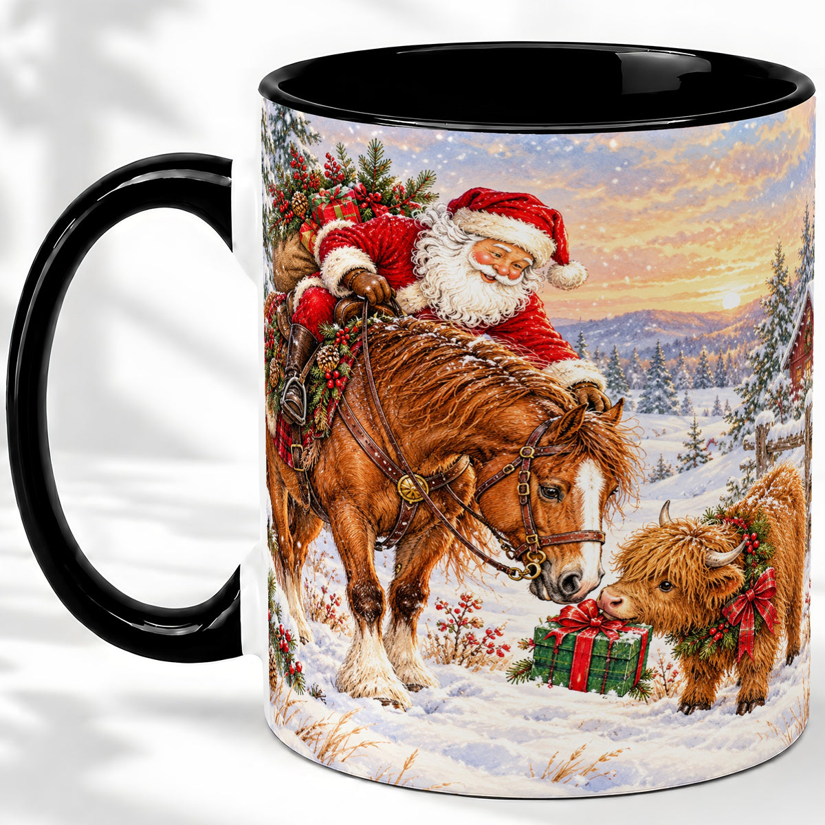 #pl[11oz|Black] Santa Horse Accent Ceramic Mug, Highland Cow Winter Scene