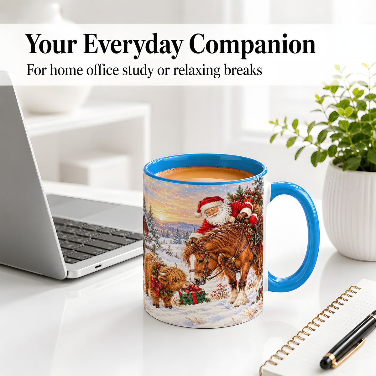 #pl[11oz|Blue] Santa Horse Accent Ceramic Mug, Highland Cow Winter Scene