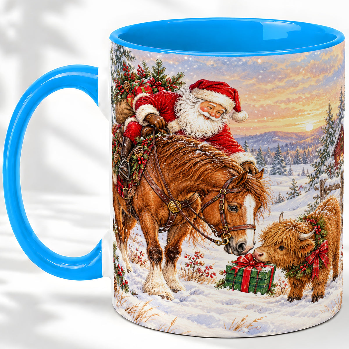 #pl[11oz|Blue] Santa Horse Accent Ceramic Mug, Highland Cow Winter Scene