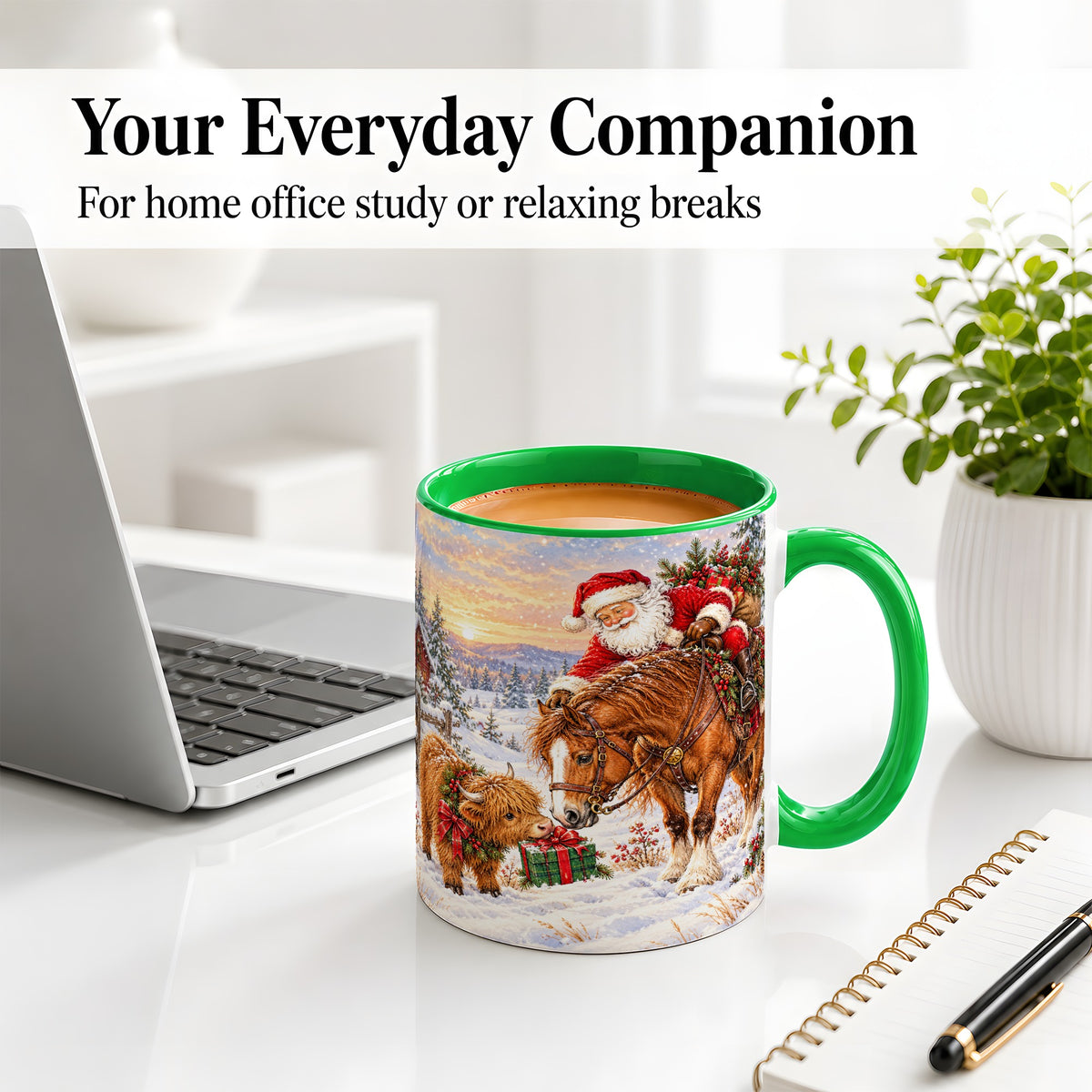 #pl[11oz|Green] Santa Horse Accent Ceramic Mug, Highland Cow Winter Scene