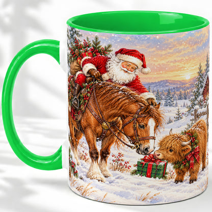 #pl[11oz|Green] Santa Horse Accent Ceramic Mug, Highland Cow Winter Scene