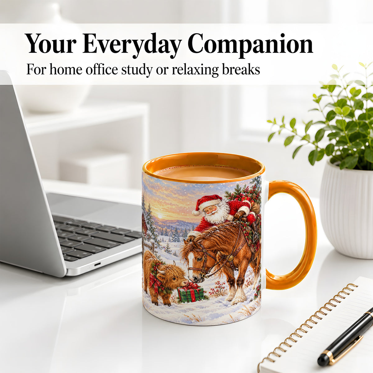 #pl[11oz|Orange] Santa Horse Accent Ceramic Mug, Highland Cow Winter Scene