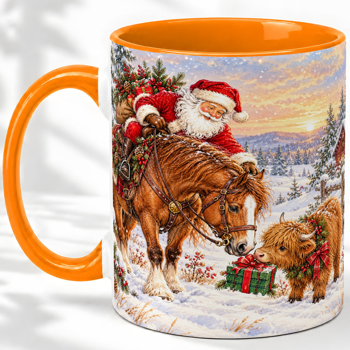 #pl[11oz|Orange] Santa Horse Accent Ceramic Mug, Highland Cow Winter Scene