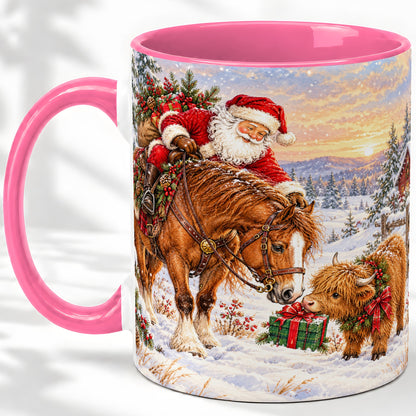 #pl[11oz|Pink] Santa Horse Accent Ceramic Mug, Highland Cow Winter Scene