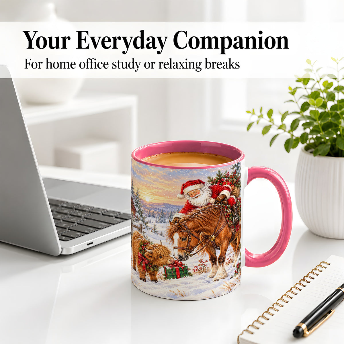 #pl[11oz|Pink] Santa Horse Accent Ceramic Mug, Highland Cow Winter Scene