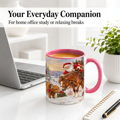 #pl[11oz|Pink] Santa Horse Accent Ceramic Mug, Highland Cow Winter Scene