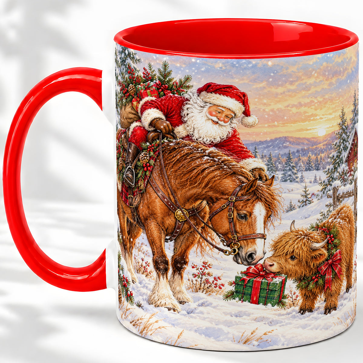 Santa Horse Accent Ceramic Mug, Highland Cow Winter Scene