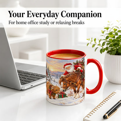 #pl[11oz|Red] Santa Horse Accent Ceramic Mug, Highland Cow Winter Scene