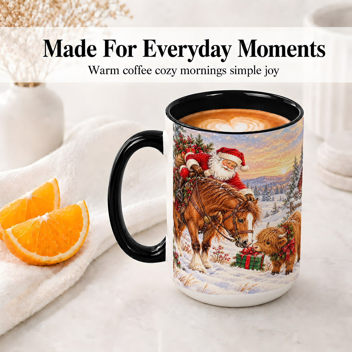 #pl[15oz|Black] Santa Horse Accent Ceramic Mug, Highland Cow Winter Scene