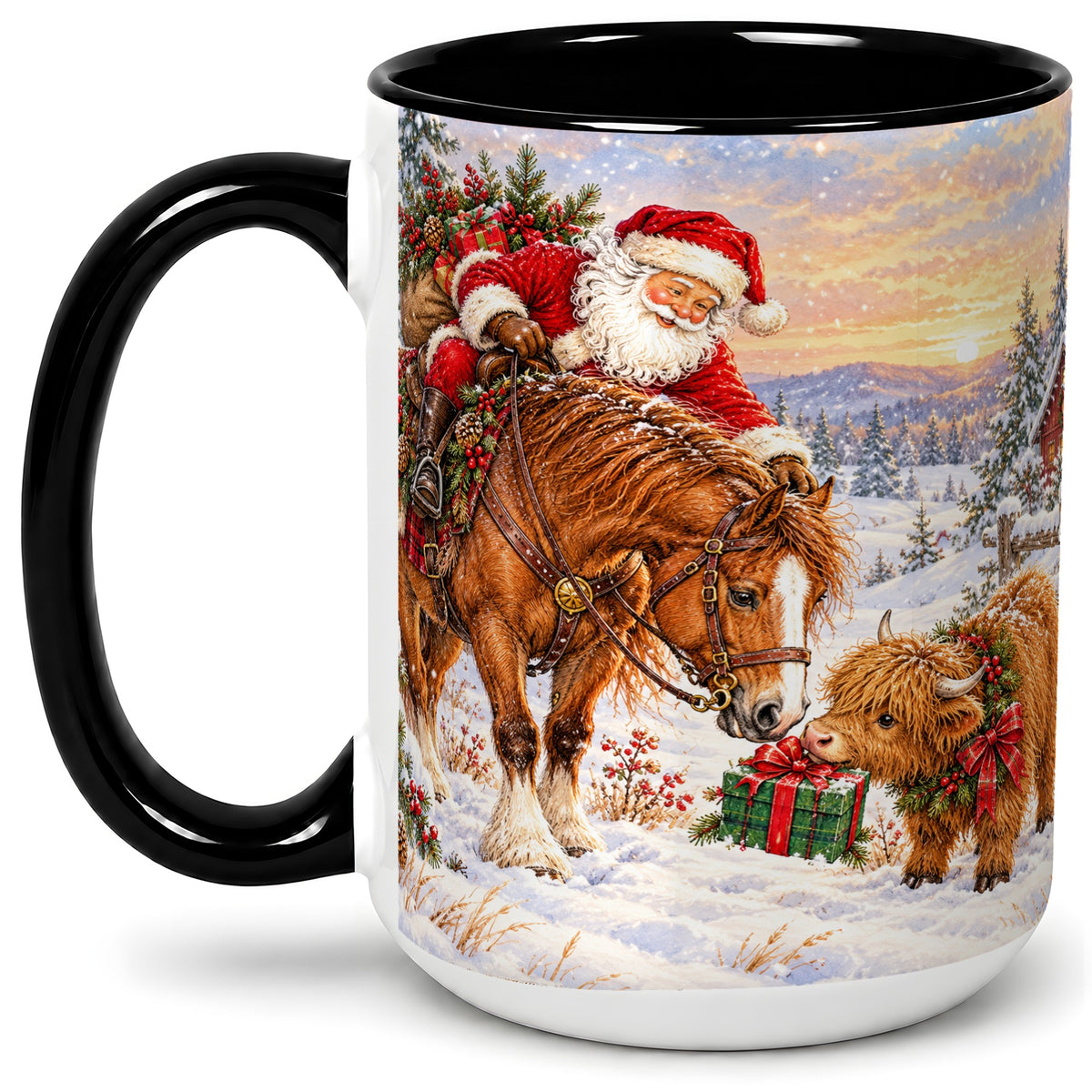 #pl[15oz|Black] Santa Horse Accent Ceramic Mug, Highland Cow Winter Scene