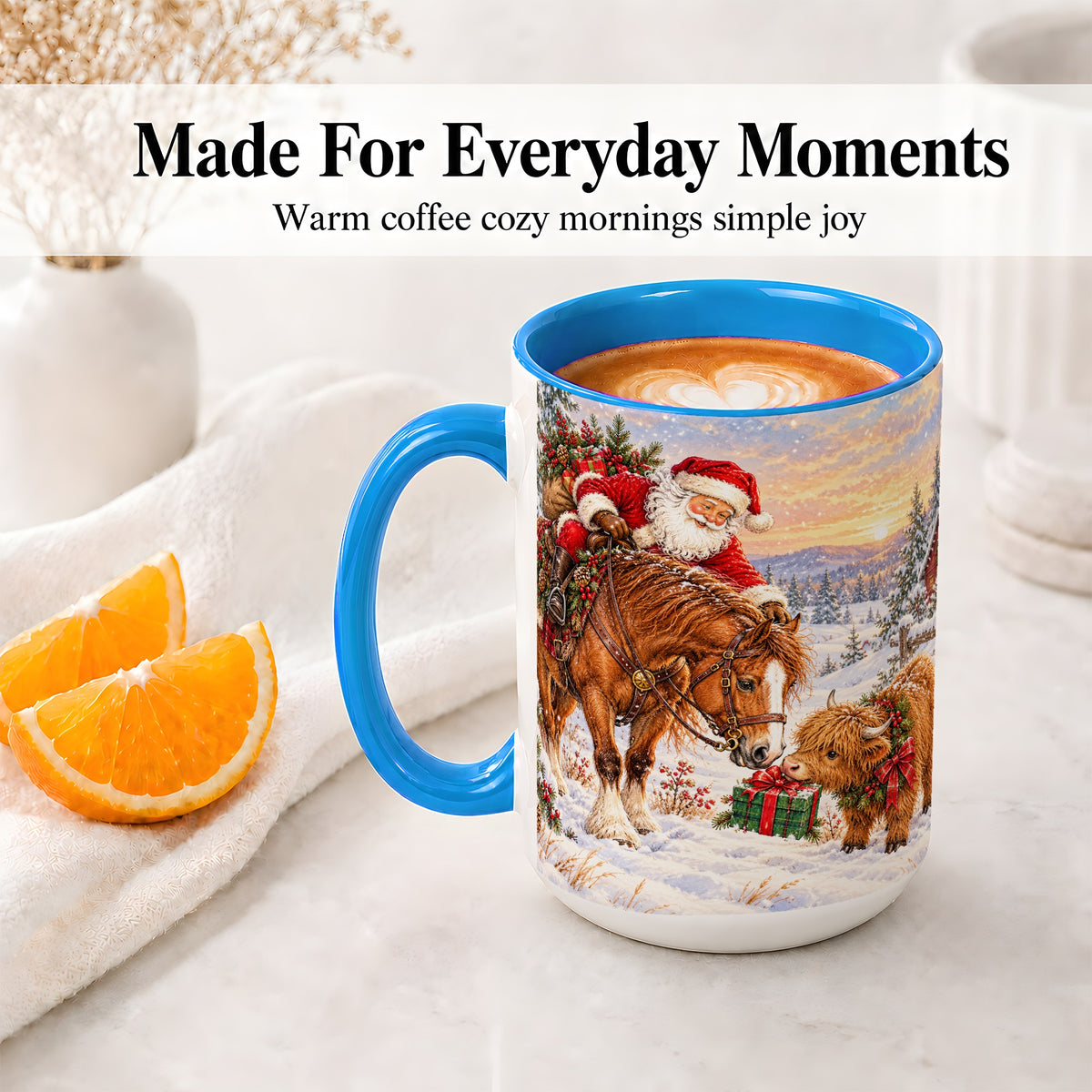 #pl[15oz|Blue] Santa Horse Accent Ceramic Mug, Highland Cow Winter Scene