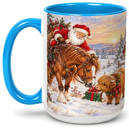 #pl[15oz|Blue] Santa Horse Accent Ceramic Mug, Highland Cow Winter Scene