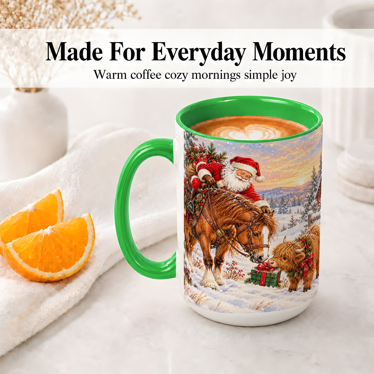 #pl[15oz|Green] Santa Horse Accent Ceramic Mug, Highland Cow Winter Scene