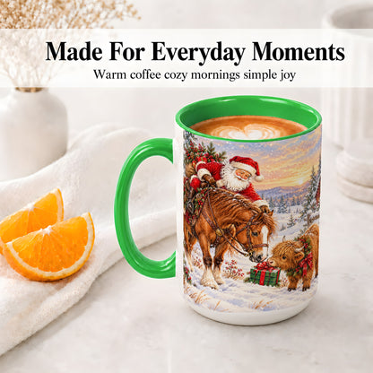 #pl[15oz|Green] Santa Horse Accent Ceramic Mug, Highland Cow Winter Scene