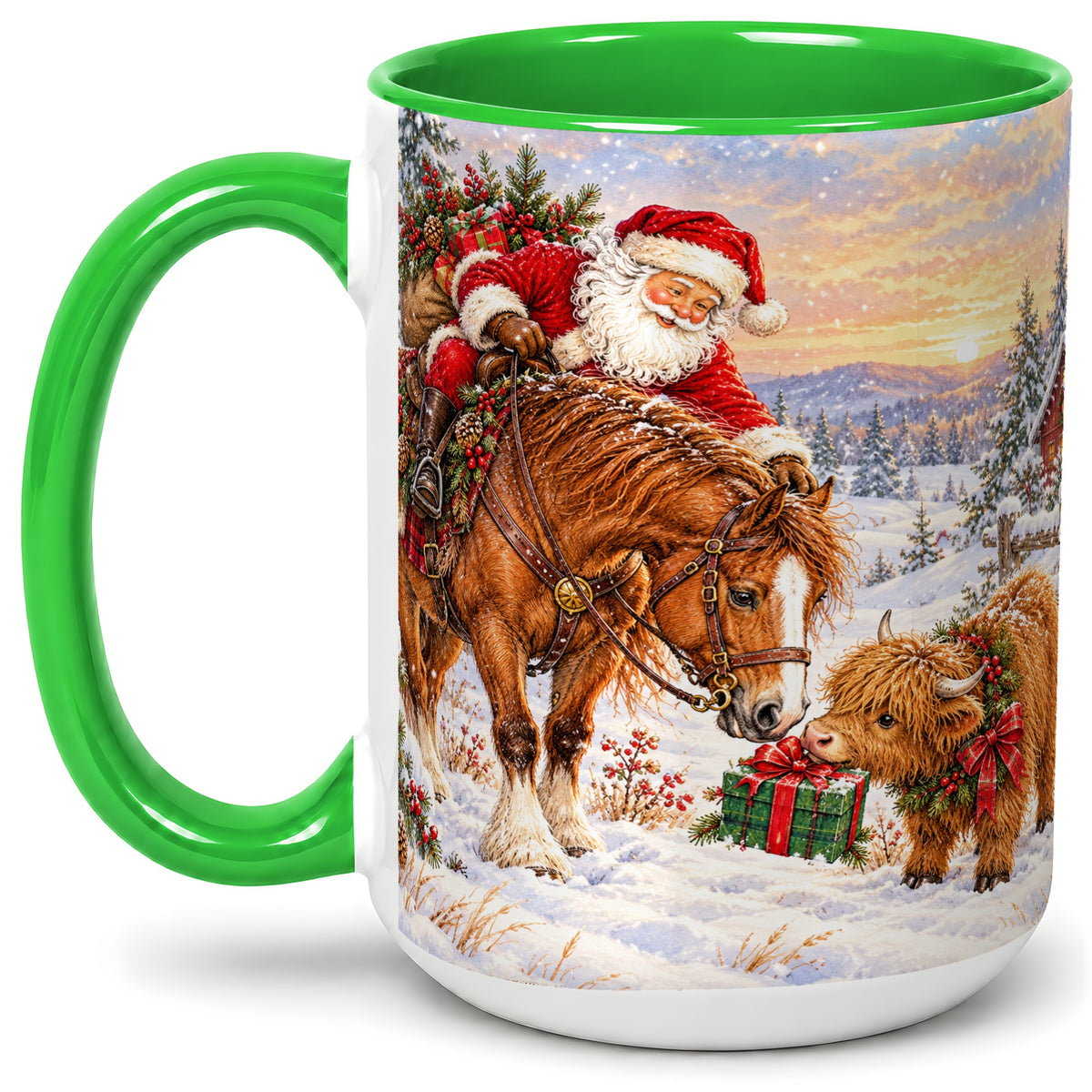 #pl[15oz|Green] Santa Horse Accent Ceramic Mug, Highland Cow Winter Scene