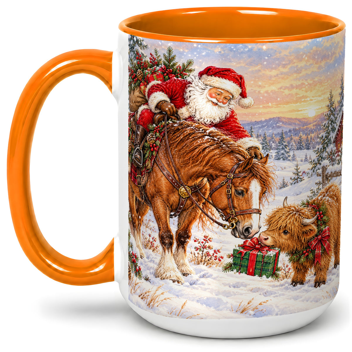 #pl[15oz|Orange] Santa Horse Accent Ceramic Mug, Highland Cow Winter Scene