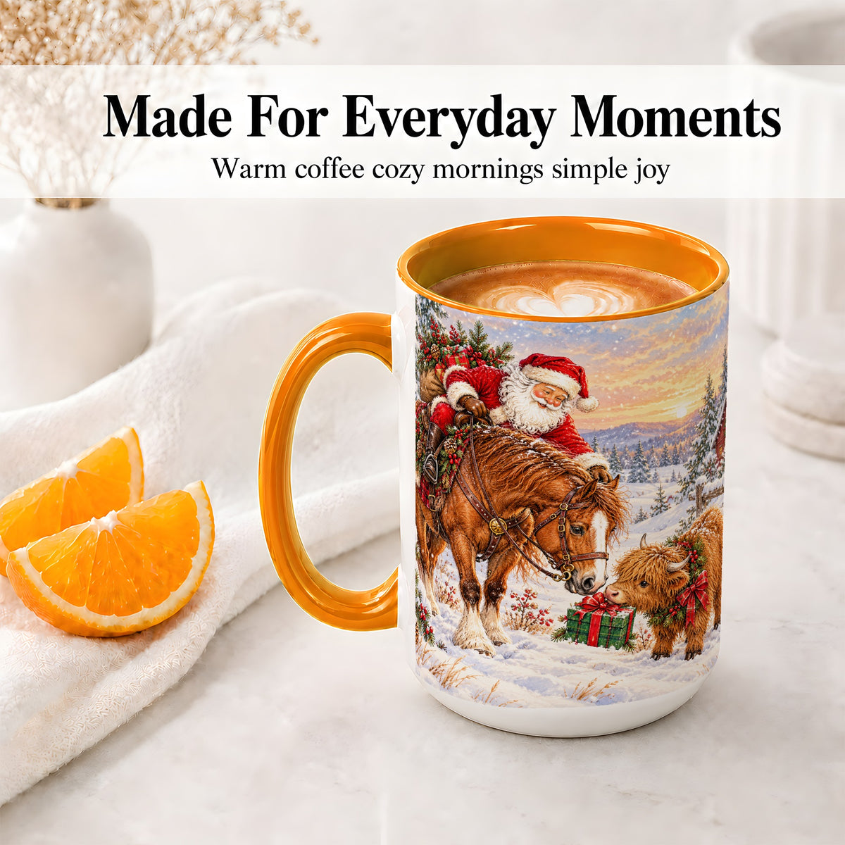 #pl[15oz|Orange] Santa Horse Accent Ceramic Mug, Highland Cow Winter Scene
