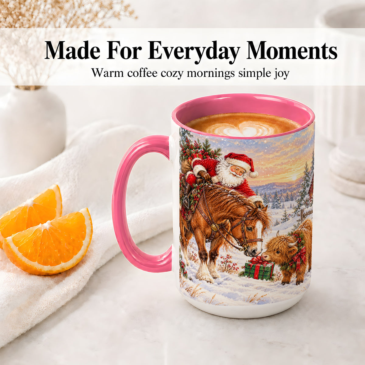 #pl[15oz|Pink] Santa Horse Accent Ceramic Mug, Highland Cow Winter Scene