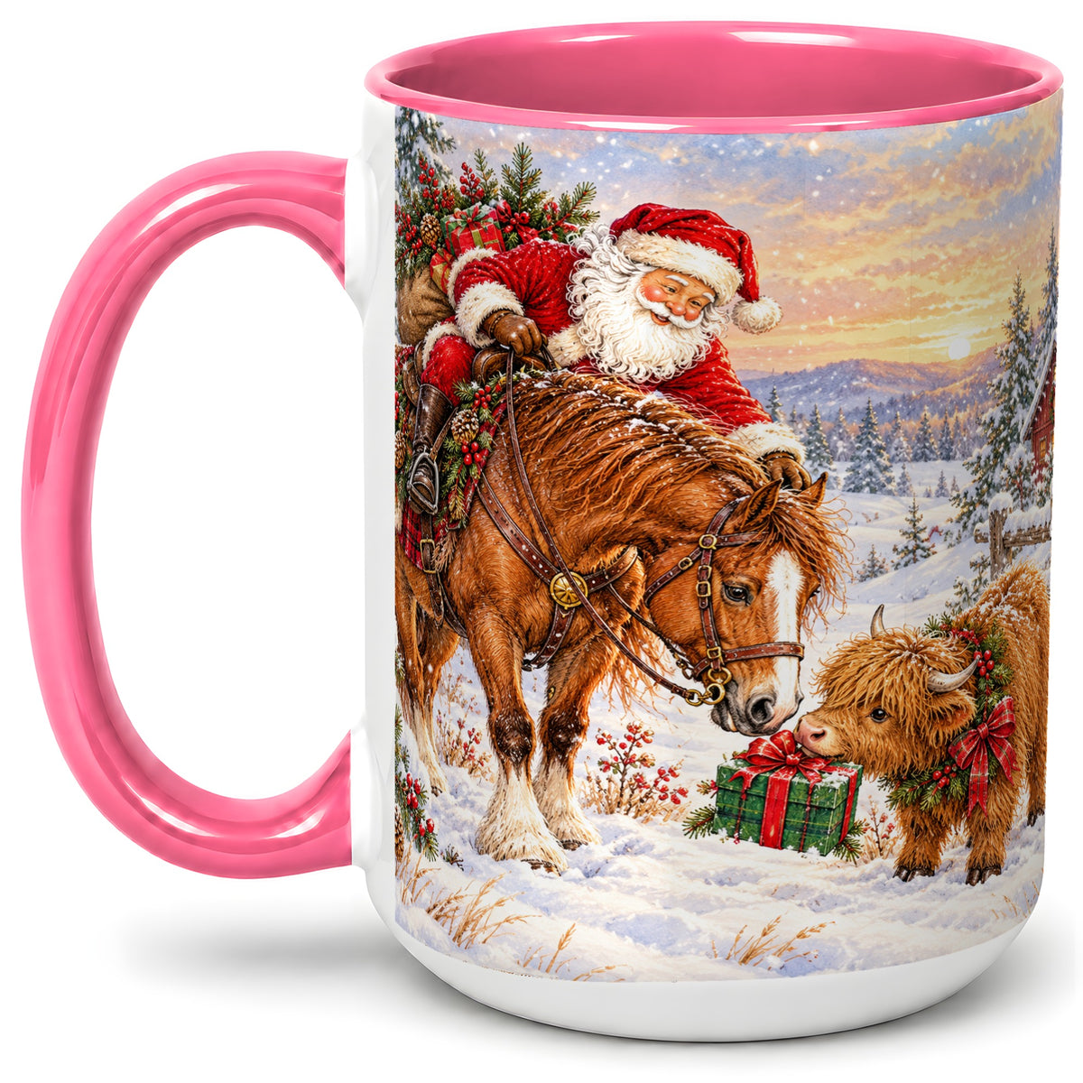 #pl[15oz|Pink] Santa Horse Accent Ceramic Mug, Highland Cow Winter Scene