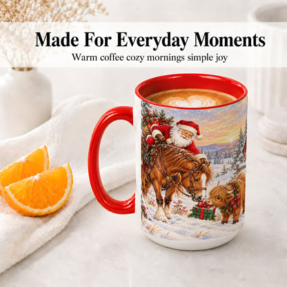 #pl[15oz|Red] Santa Horse Accent Ceramic Mug, Highland Cow Winter Scene
