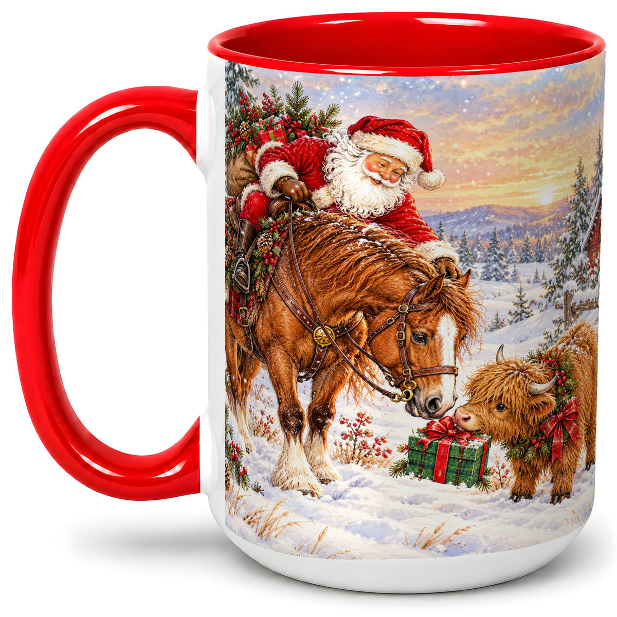 #pl[15oz|Red] Santa Horse Accent Ceramic Mug, Highland Cow Winter Scene