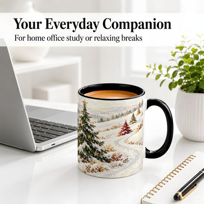 #pl[11oz|Black] Snowy Christmas Trees Accent Ceramic Mug, Winter Landscape