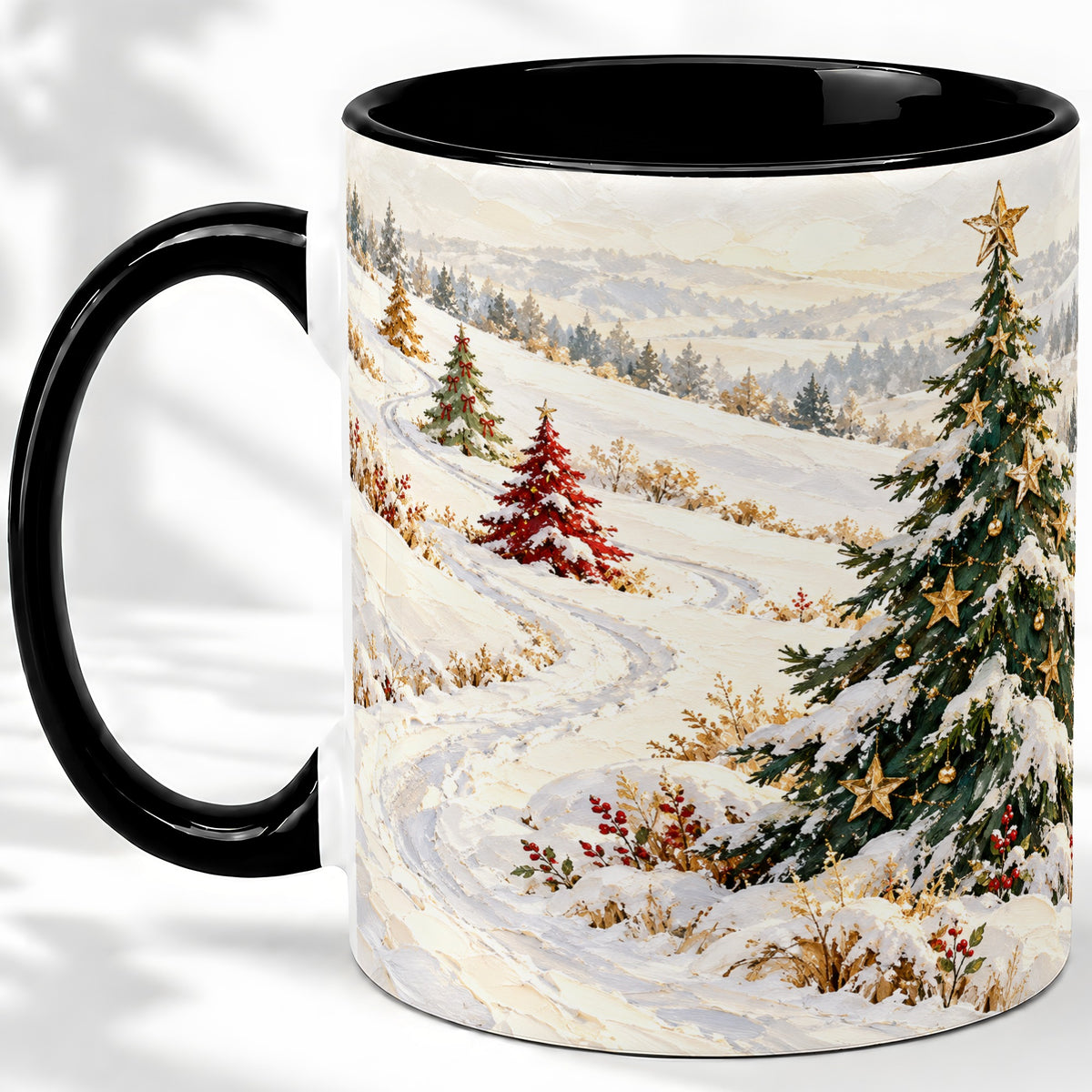 #pl[11oz|Black] Snowy Christmas Trees Accent Ceramic Mug, Winter Landscape