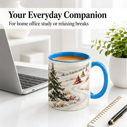 #pl[11oz|Blue] Snowy Christmas Trees Accent Ceramic Mug, Winter Landscape