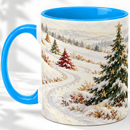 #pl[11oz|Blue] Snowy Christmas Trees Accent Ceramic Mug, Winter Landscape