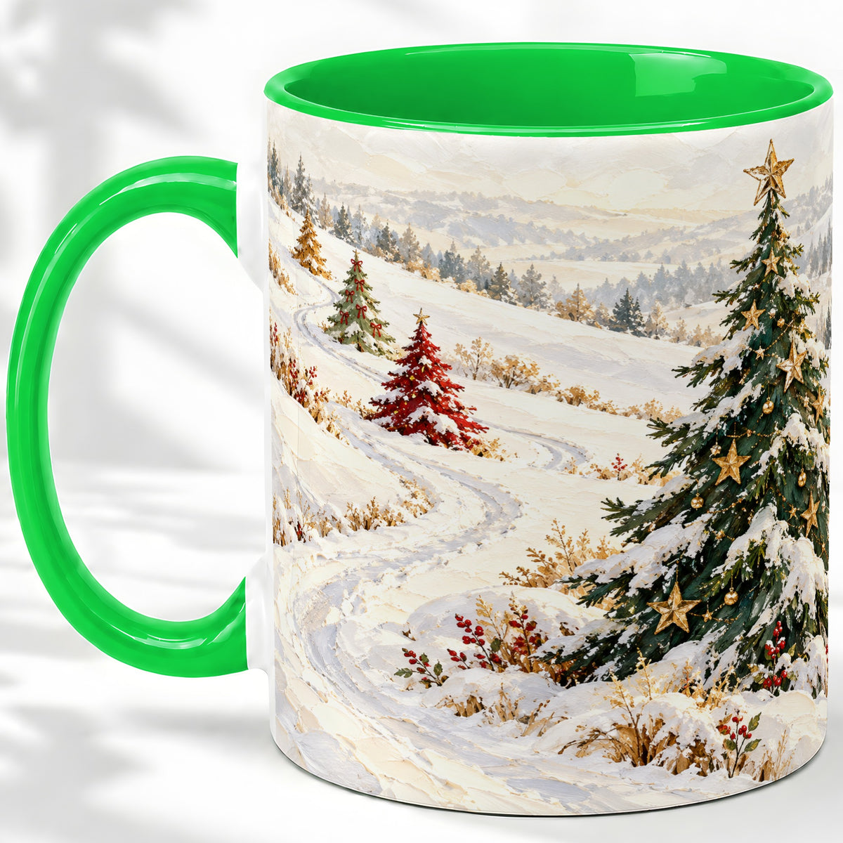 #pl[11oz|Green] Snowy Christmas Trees Accent Ceramic Mug, Winter Landscape