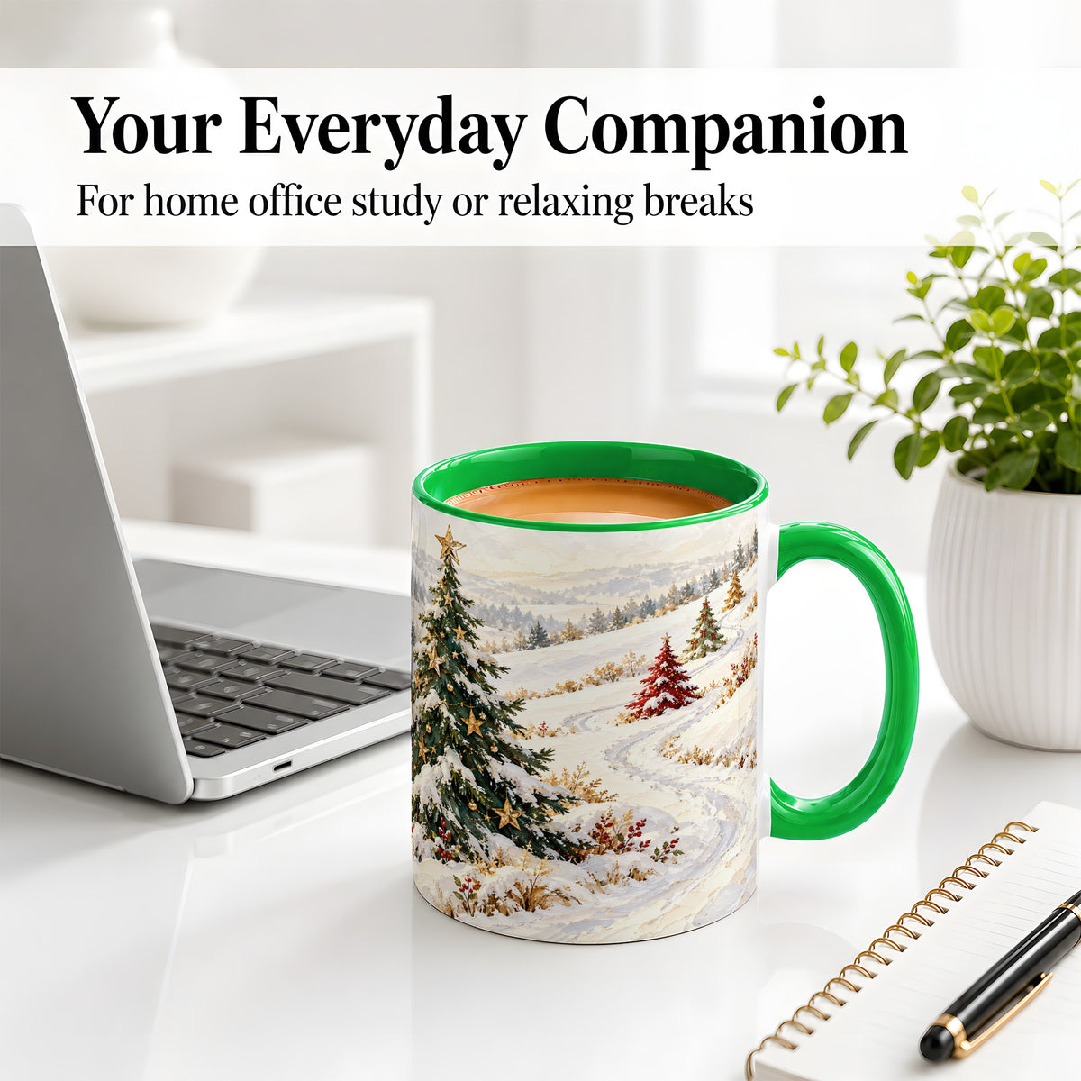 #pl[11oz|Green] Snowy Christmas Trees Accent Ceramic Mug, Winter Landscape