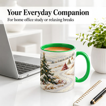 #pl[11oz|Green] Snowy Christmas Trees Accent Ceramic Mug, Winter Landscape