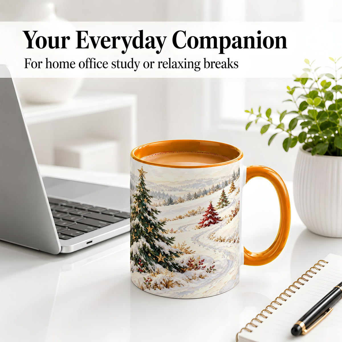 #pl[11oz|Orange] Snowy Christmas Trees Accent Ceramic Mug, Winter Landscape