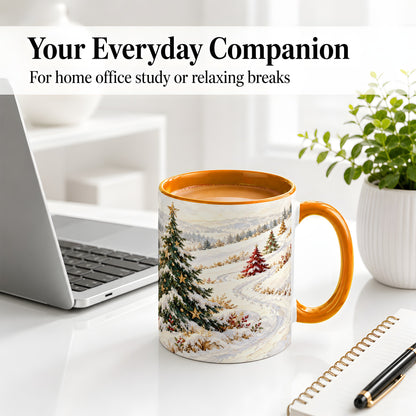 #pl[11oz|Orange] Snowy Christmas Trees Accent Ceramic Mug, Winter Landscape