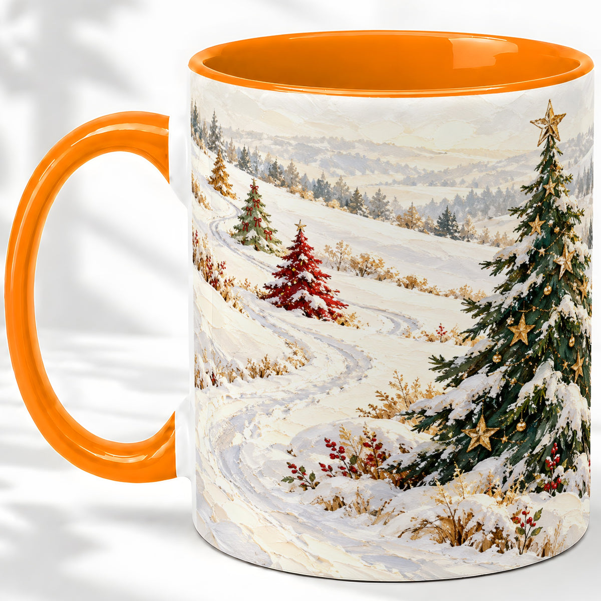 #pl[11oz|Orange] Snowy Christmas Trees Accent Ceramic Mug, Winter Landscape