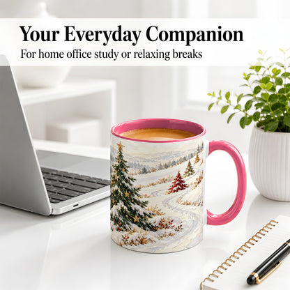 #pl[11oz|Pink] Snowy Christmas Trees Accent Ceramic Mug, Winter Landscape