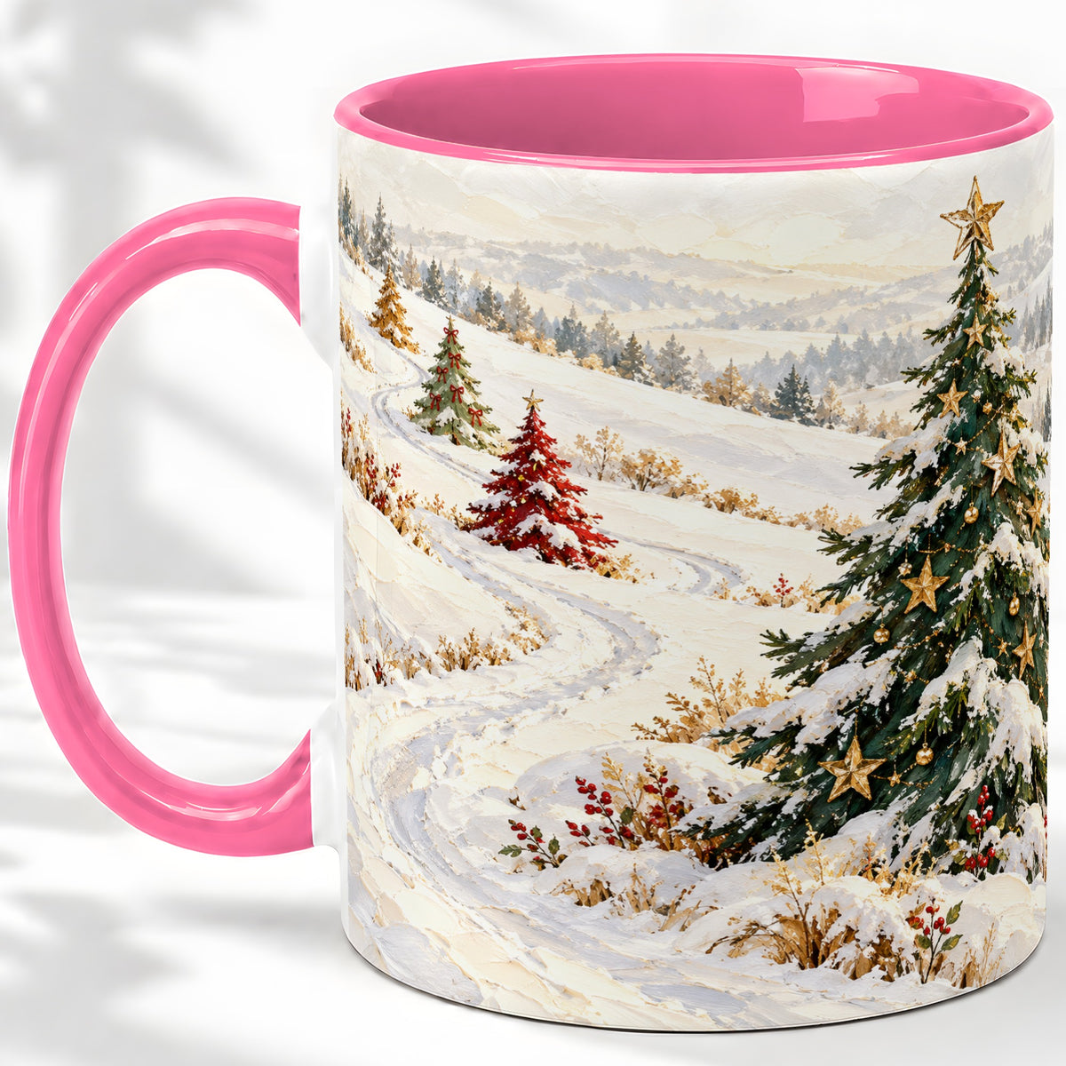 #pl[11oz|Pink] Snowy Christmas Trees Accent Ceramic Mug, Winter Landscape