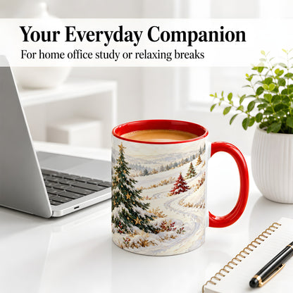 #pl[11oz|Red] Snowy Christmas Trees Accent Ceramic Mug, Winter Landscape