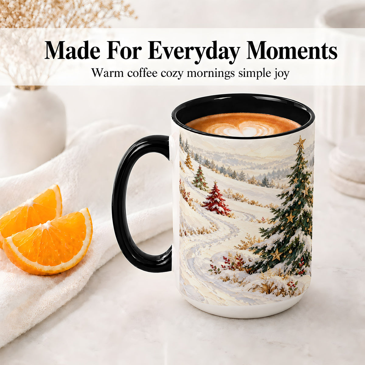 #pl[15oz|Black] Snowy Christmas Trees Accent Ceramic Mug, Winter Landscape