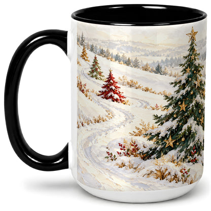 #pl[15oz|Black] Snowy Christmas Trees Accent Ceramic Mug, Winter Landscape