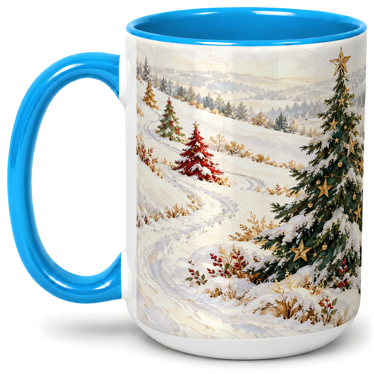 #pl[15oz|Blue] Snowy Christmas Trees Accent Ceramic Mug, Winter Landscape