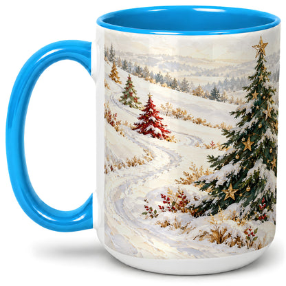 #pl[15oz|Blue] Snowy Christmas Trees Accent Ceramic Mug, Winter Landscape