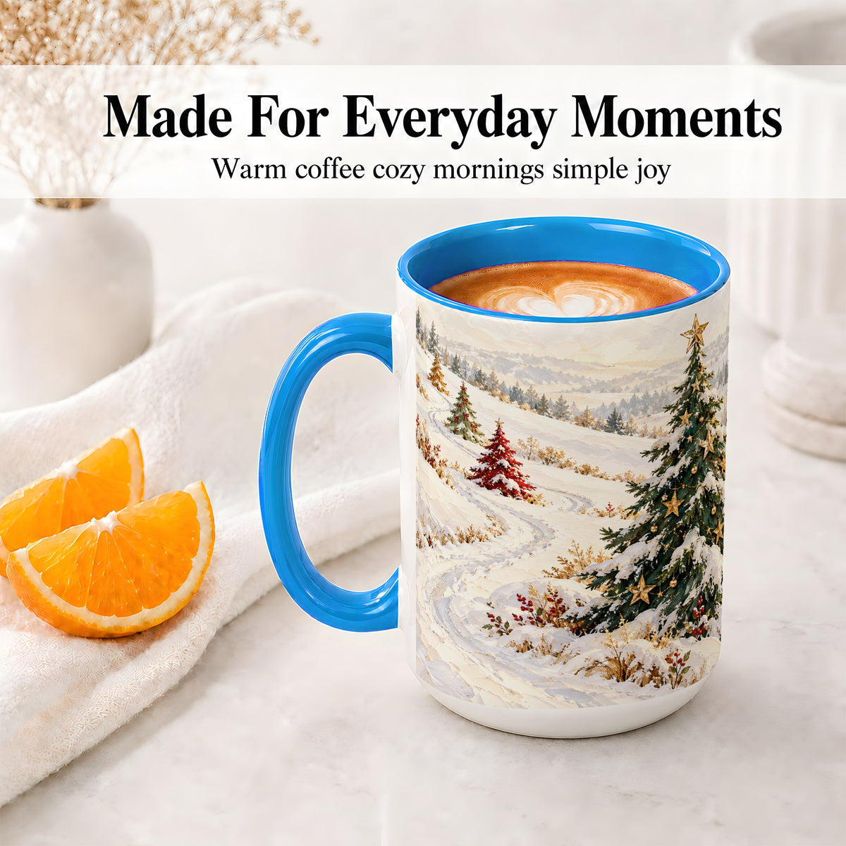 #pl[15oz|Blue] Snowy Christmas Trees Accent Ceramic Mug, Winter Landscape