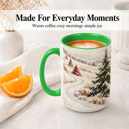#pl[15oz|Green] Snowy Christmas Trees Accent Ceramic Mug, Winter Landscape