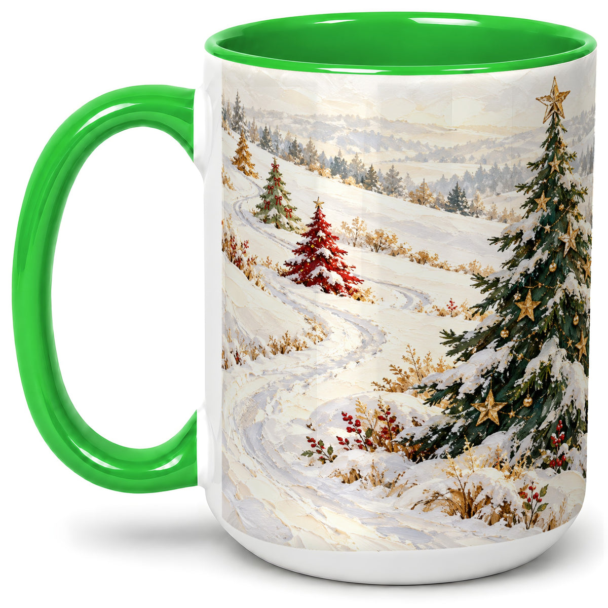 #pl[15oz|Green] Snowy Christmas Trees Accent Ceramic Mug, Winter Landscape